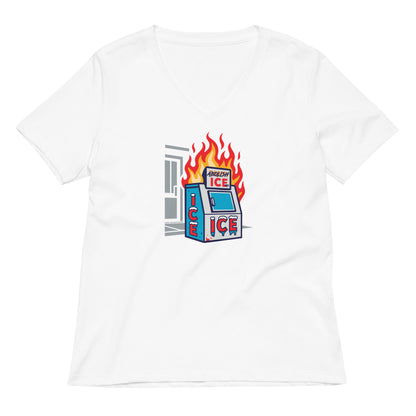 White Abolish ICE Women’s V-neck T-Shirt with colorful protest graphic, women’s statement tee supporting social justice and reform.
