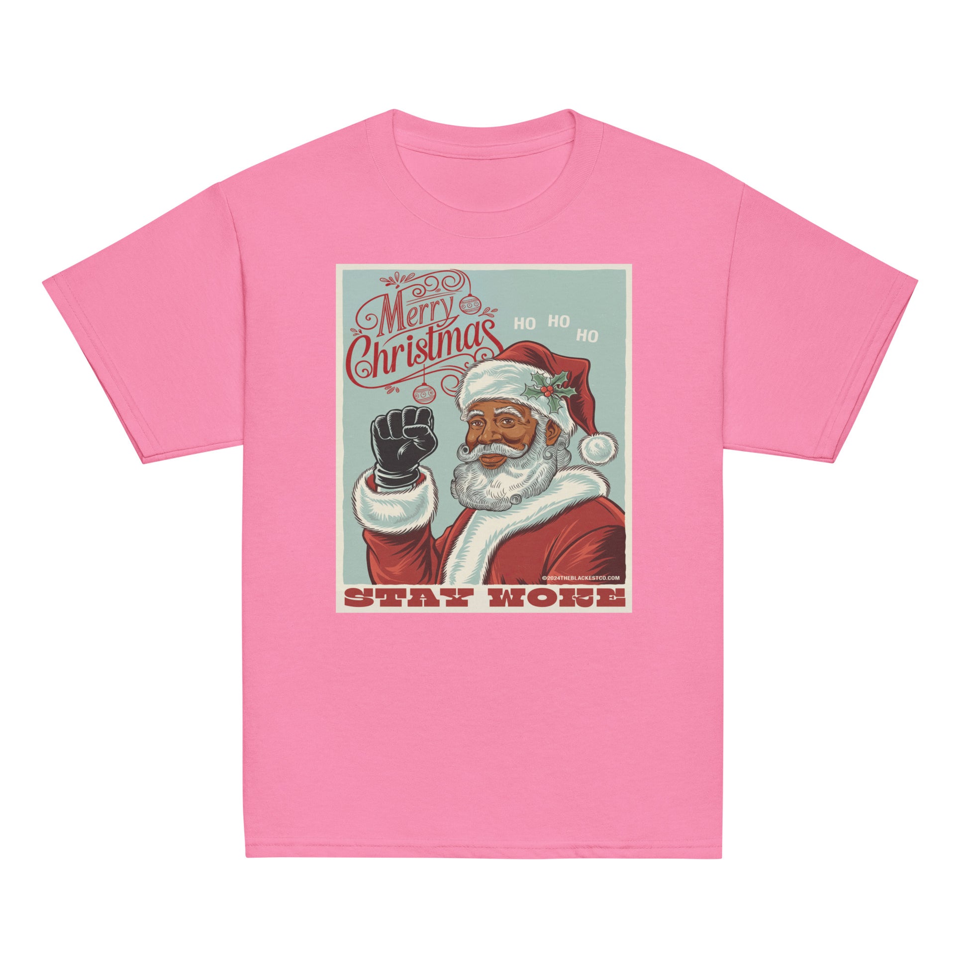 Pink youth T-shirt with a Christmas graphic featuring Santa Claus, holly, and the phrase 'Stay Woke' in bold red letters