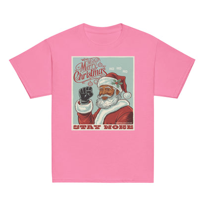 Pink youth T-shirt with a Christmas graphic featuring Santa Claus, holly, and the phrase 'Stay Woke' in bold red letters