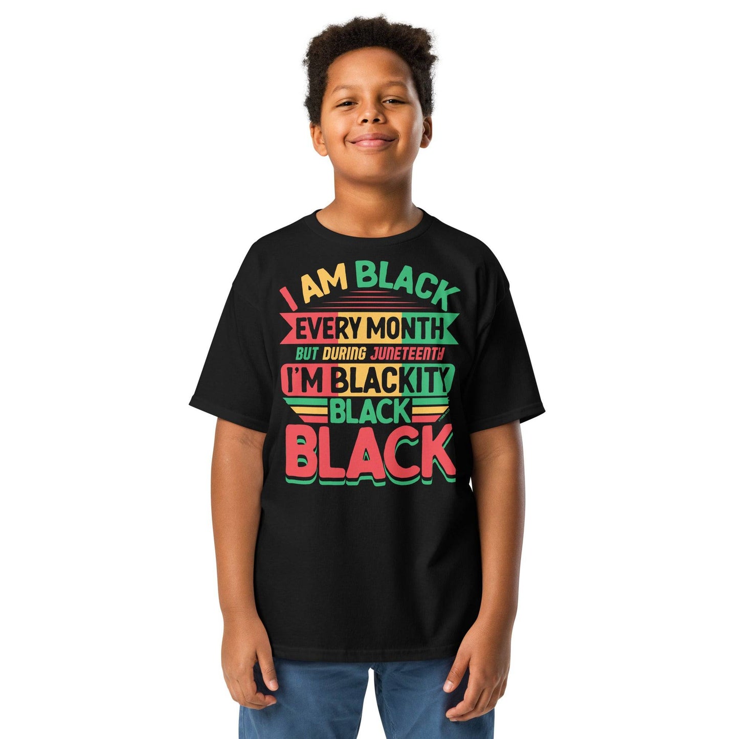 a young boy wearing a black juneteenth t - shirt that says i am Blackity Black Black