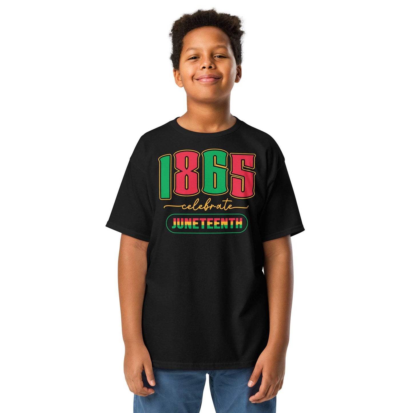 a young boy wearing a black t - shirt with the words 1865 celebrate juneteenth written on it