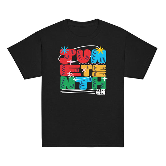 a black t - shirt with a colorful design juneteenth on it