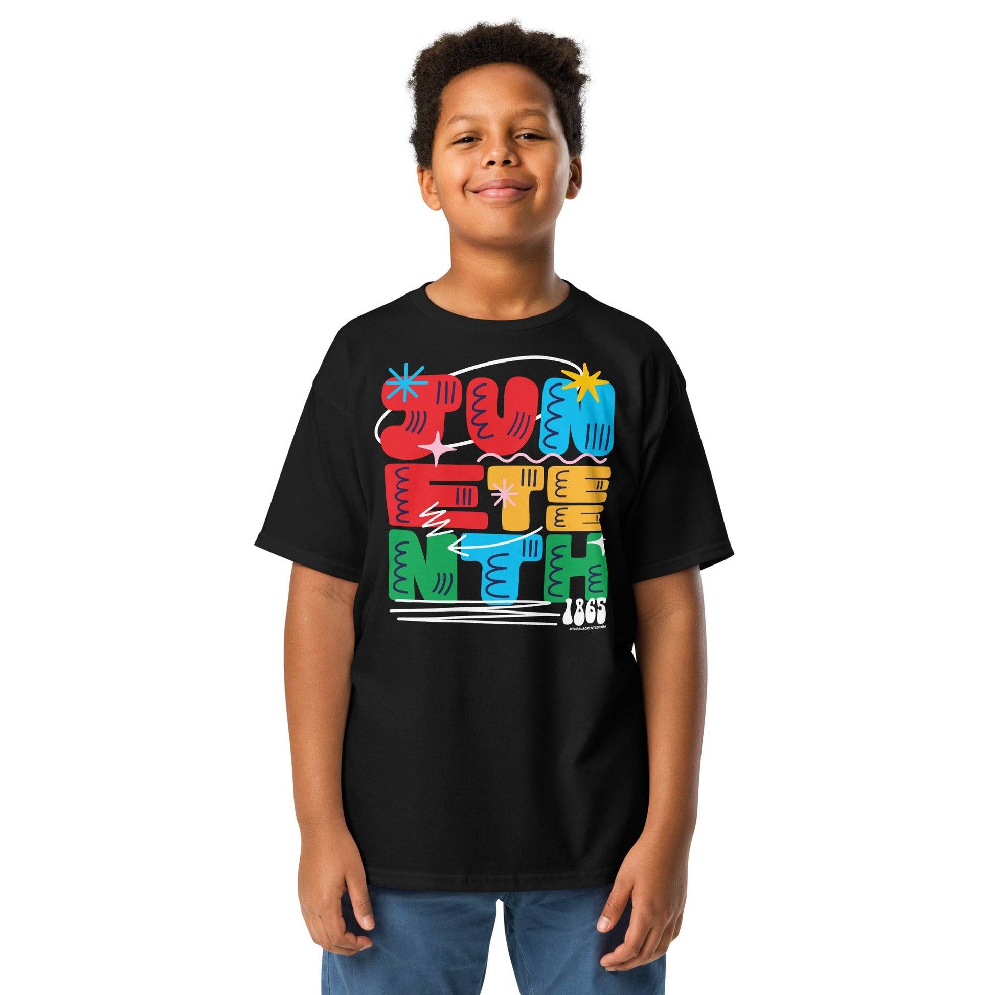 a young boy standing in front of a white background colorful design t - shirt design says Juneteenth