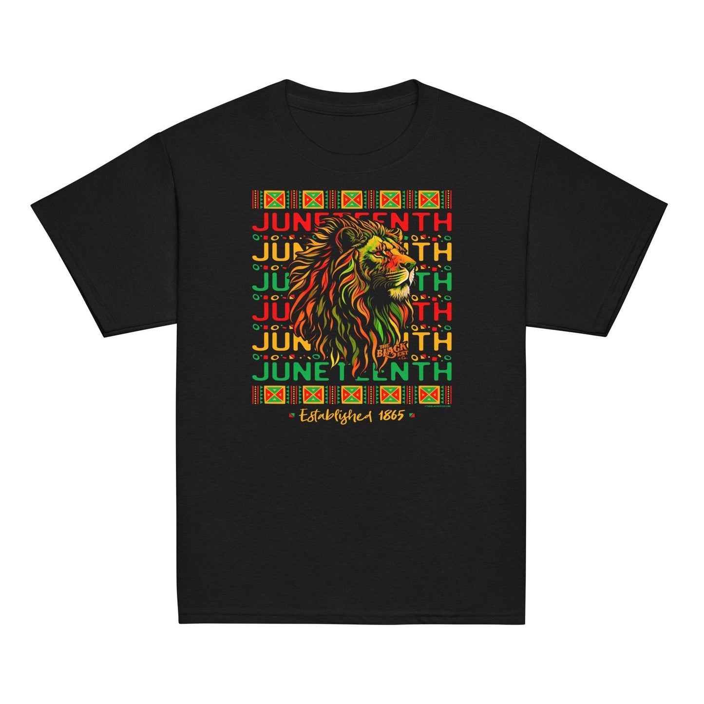 a black t - shirt with juneteenth and a lion on it