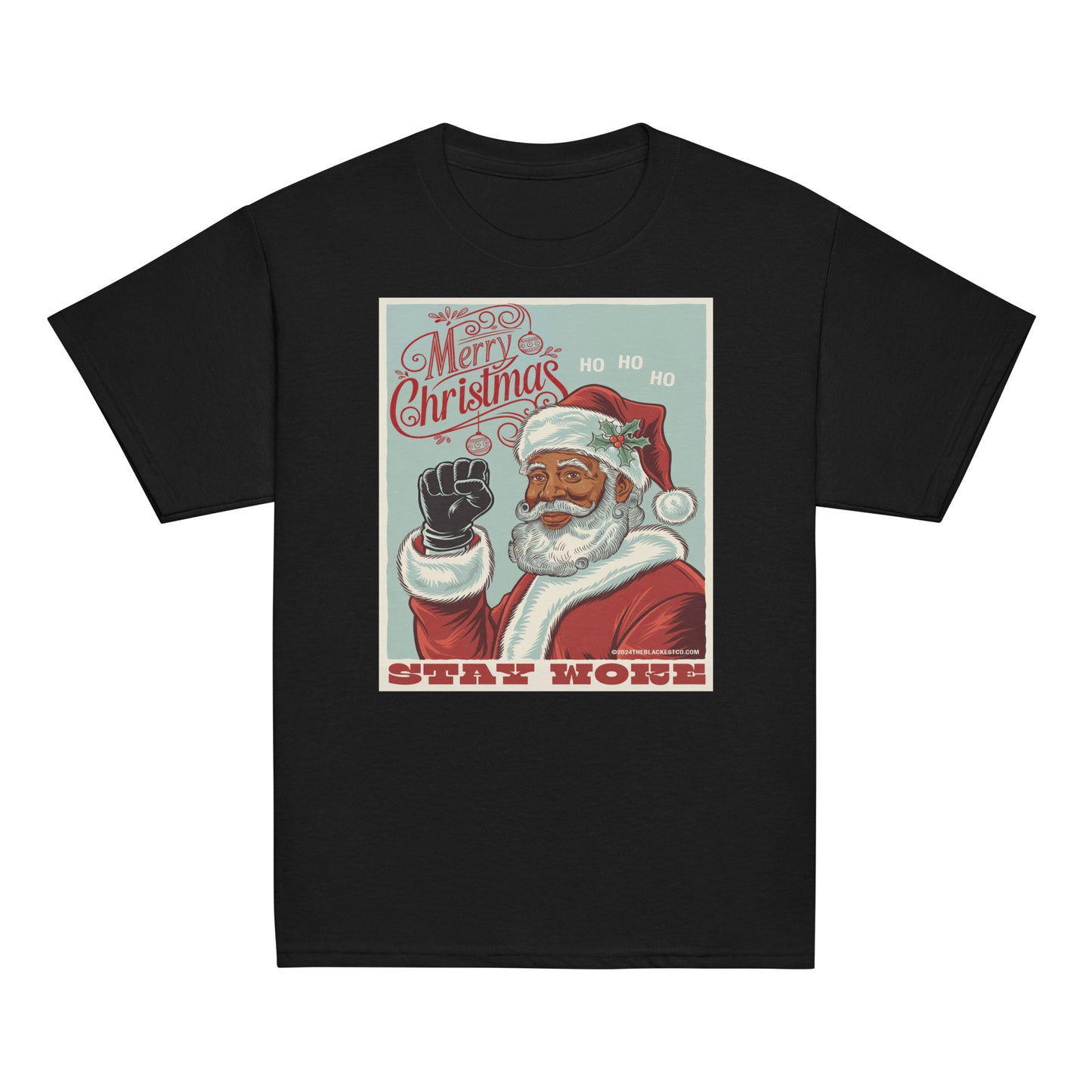 Black Santa Stay Woke graphic T-shirt featuring a vintage-style Santa Claus illustration with holiday message, cotton fabric, youth size