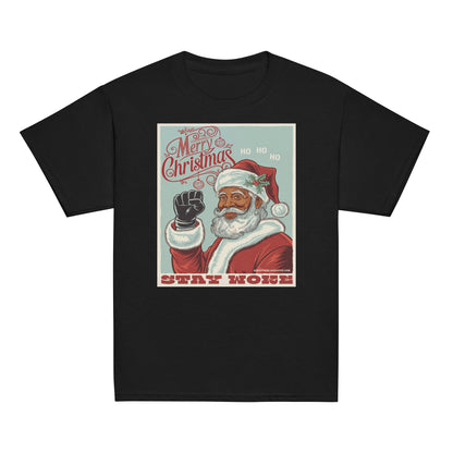 Black Santa Stay Woke graphic T-shirt featuring a vintage-style Santa Claus illustration with holiday message, cotton fabric, youth size