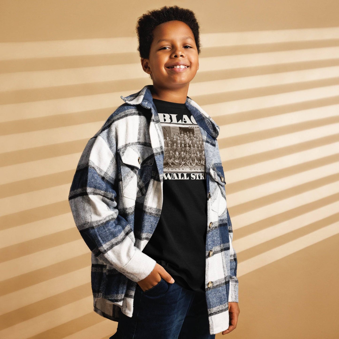 Youth wearing Black Wall Street Tee