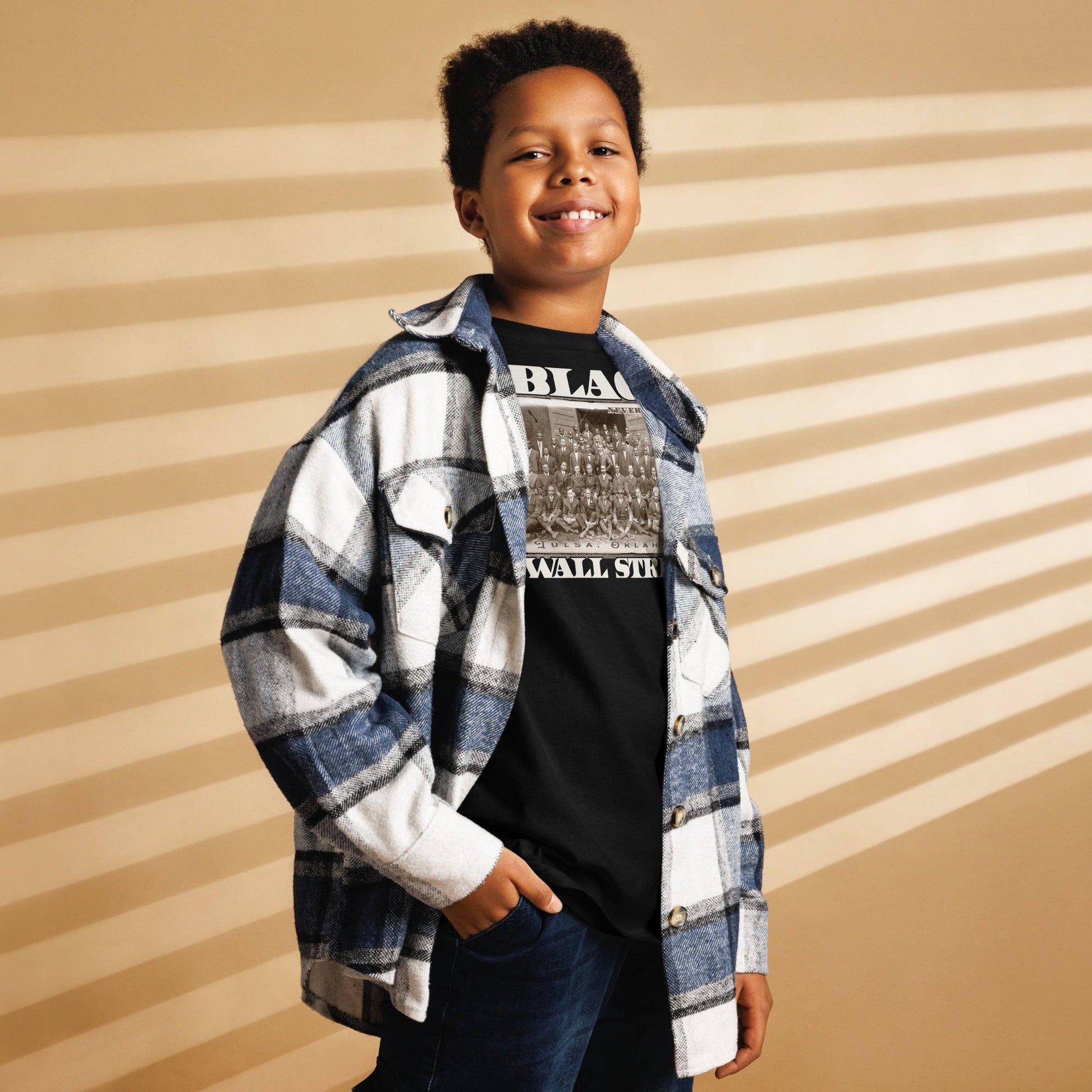 Youth wearing Black Wall Street Tee