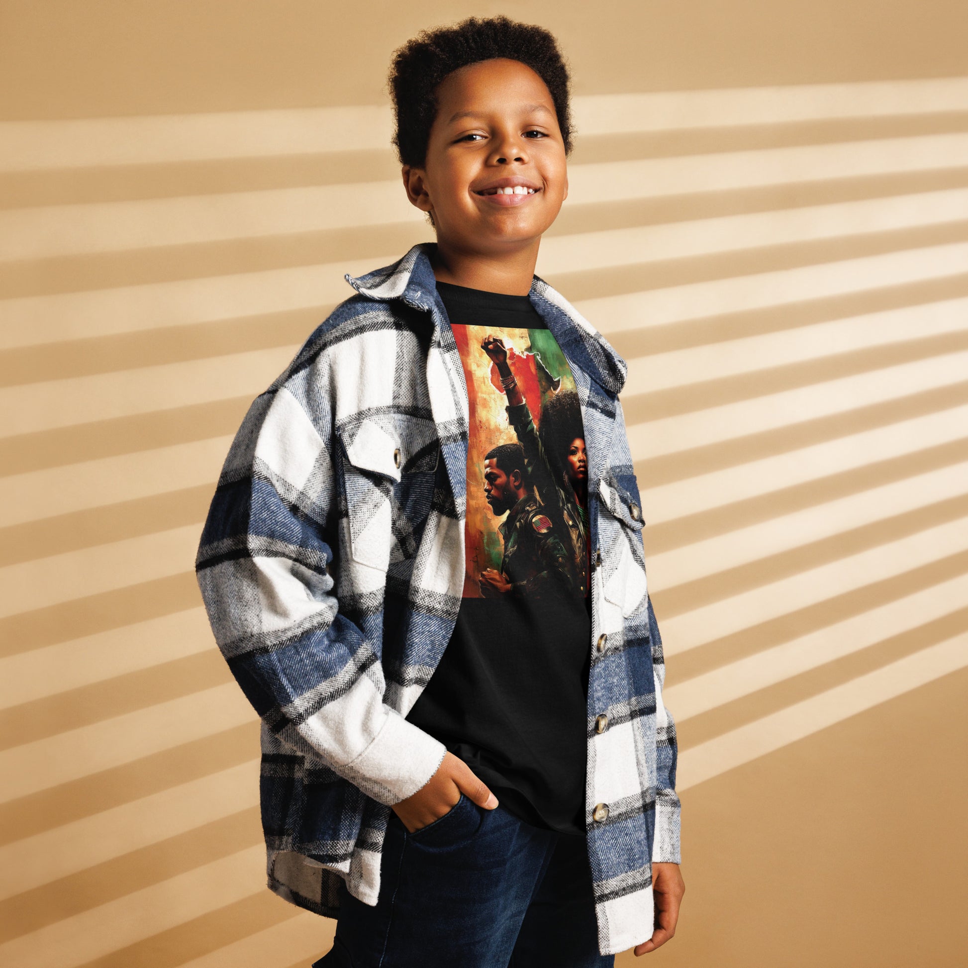 YOUTH Pan African Power Couple Raised Fist Classic Tee styled with flannel