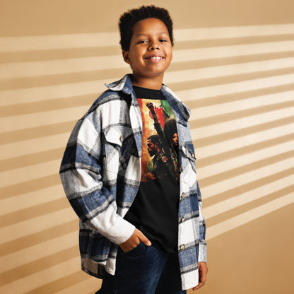 YOUTH Pan African Power Couple Raised Fist Classic Tee styled with flannel