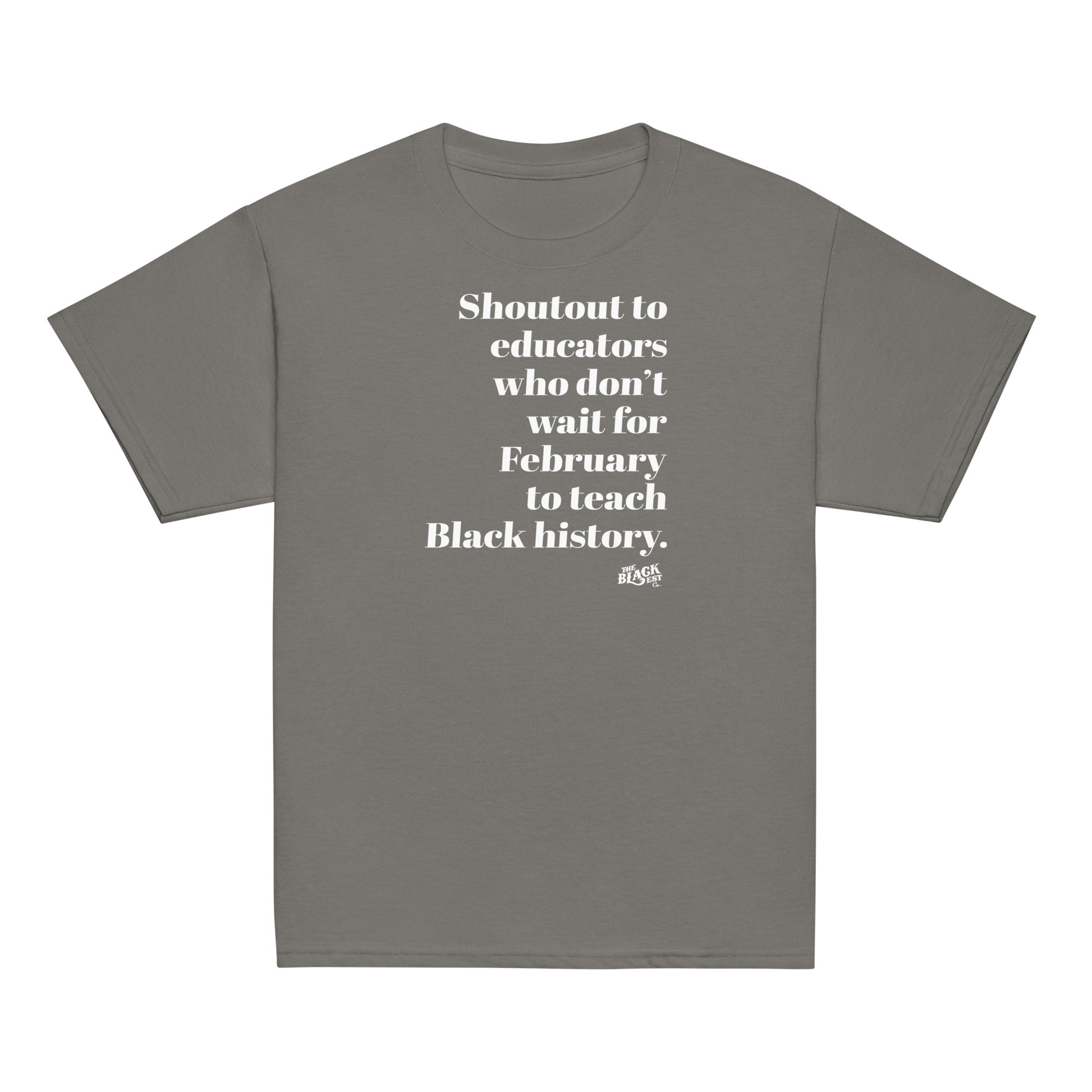 Gray youth t-shirt for educators promoting Black history education