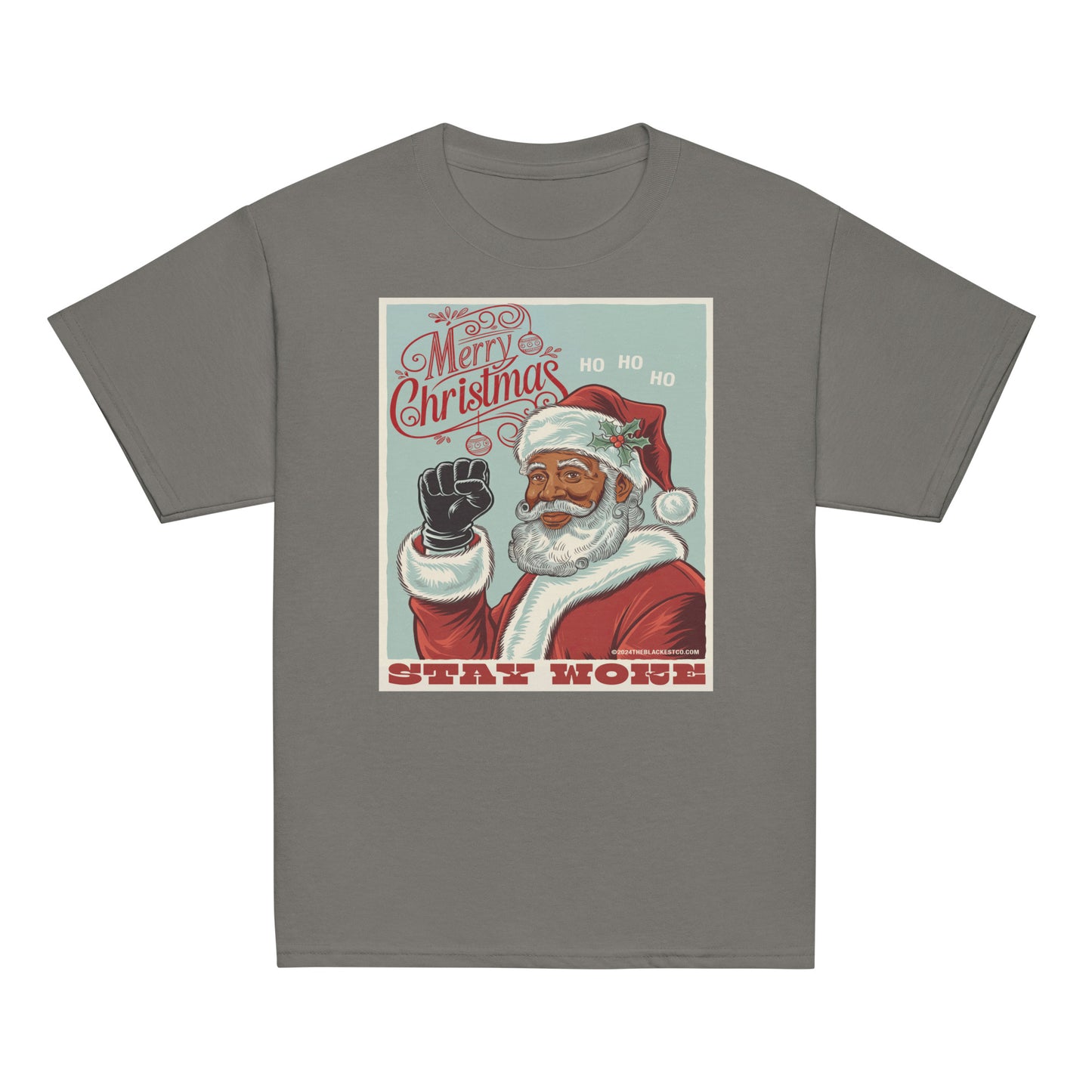 Gray youth T-shirt with a Christmas graphic featuring Santa Claus, holly, and the phrase 'Stay Woke' in bold red letters