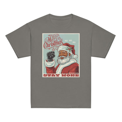 Gray youth T-shirt with a Christmas graphic featuring Santa Claus, holly, and the phrase 'Stay Woke' in bold red letters
