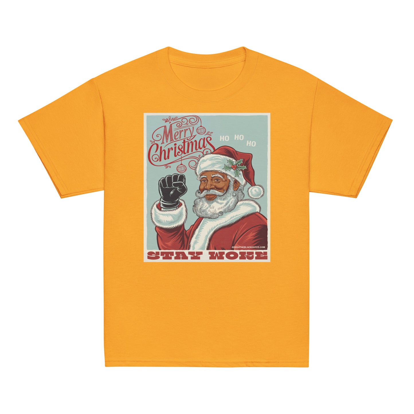 Yellow youth T-shirt with a Christmas graphic featuring Santa Claus, holly, and the phrase 'Stay Woke' in bold red letters