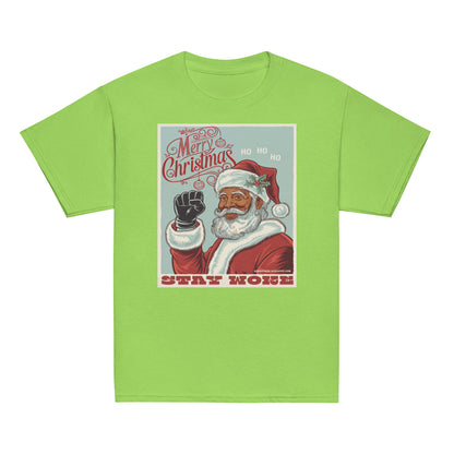 Bright green youth T-shirt featuring a vintage Christmas graphic with Santa Claus, holly, and festive text, made of cotton for kids' holiday wear.