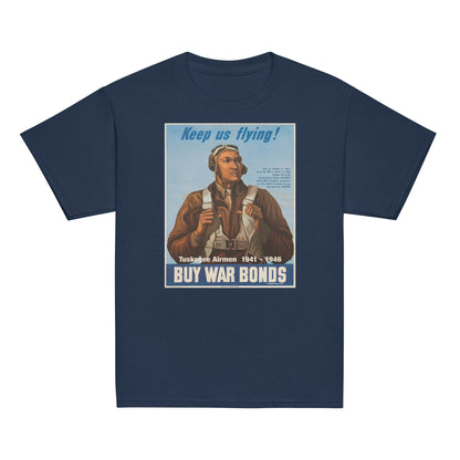 Youth Tuskegee Airmen T-Shirt in navy featuring vintage war bond art