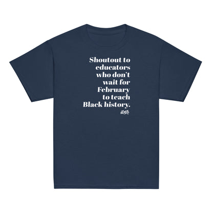 Navy youth t-shirt honoring educators teaching Black history