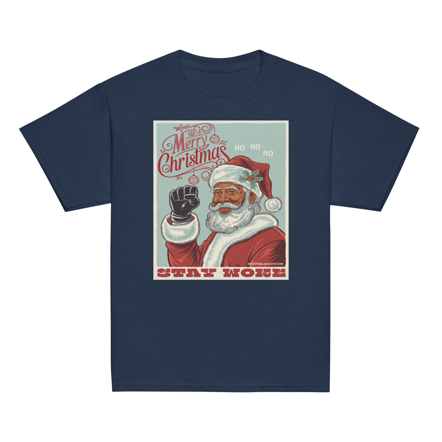 Navy blue youth T-shirt featuring a vintage Christmas graphic with Santa Claus, holly, and festive text, perfect for holiday celebrations.