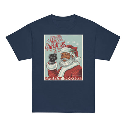 Navy blue youth T-shirt featuring a vintage Christmas graphic with Santa Claus, holly, and festive text, perfect for holiday celebrations.