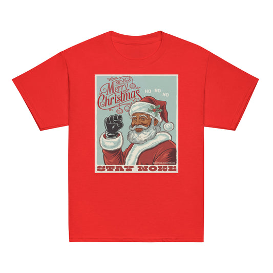 Red youth T-shirt featuring a vintage Christmas Santa graphic with the text 'Stay Woke' in bold letters, casual holiday wear