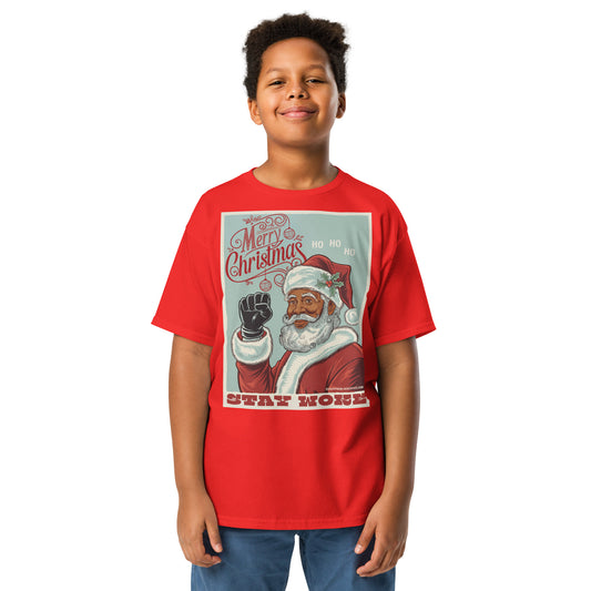 Red youth T-shirt with a festive Santa Claus graphic and 'Stay Woke' message, casual holiday apparel for kids