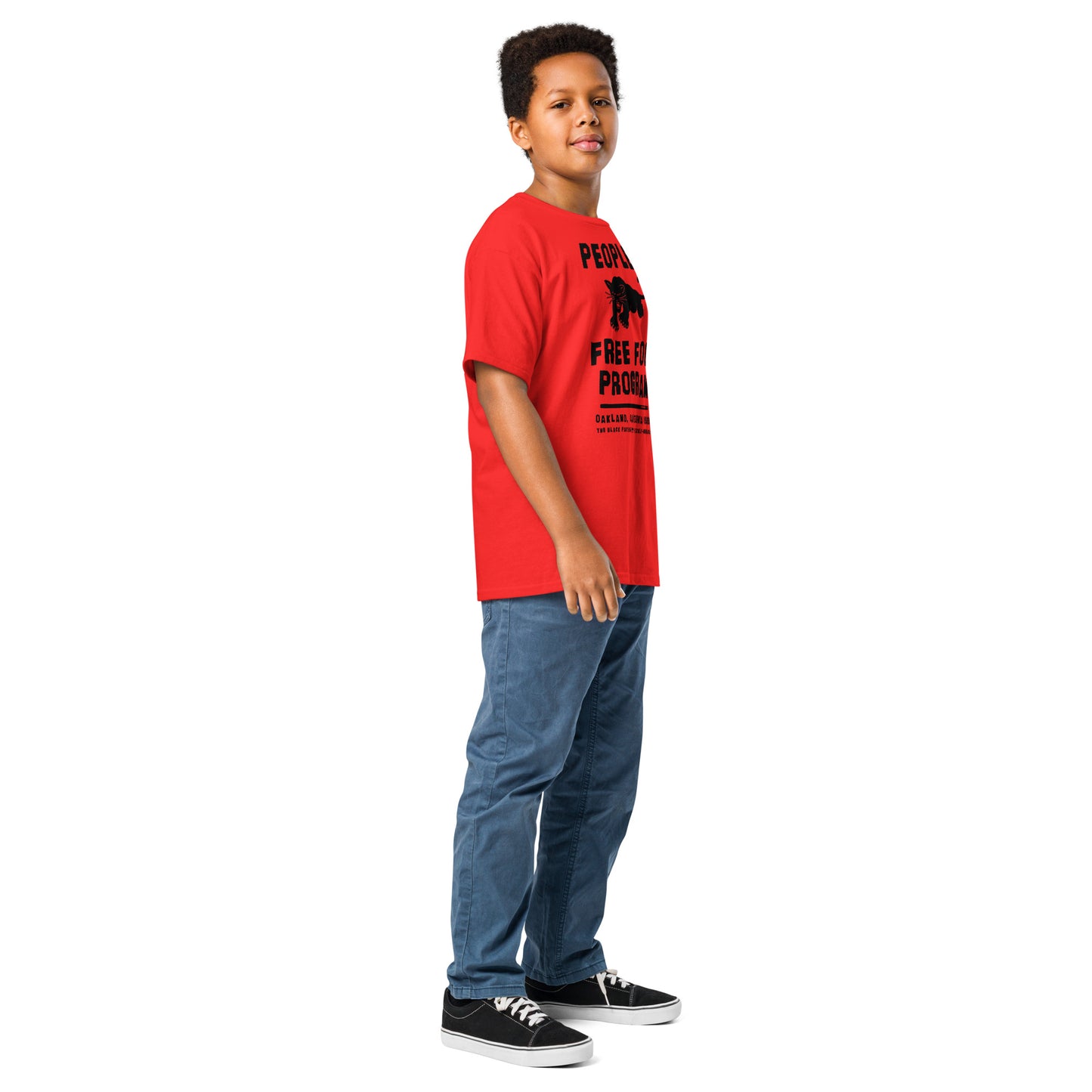 Side view of youth in Black Panther Party Free Food Tee