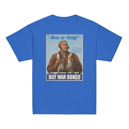 Youth Tuskegee Airmen T-Shirt in blue with retro war bond illustration