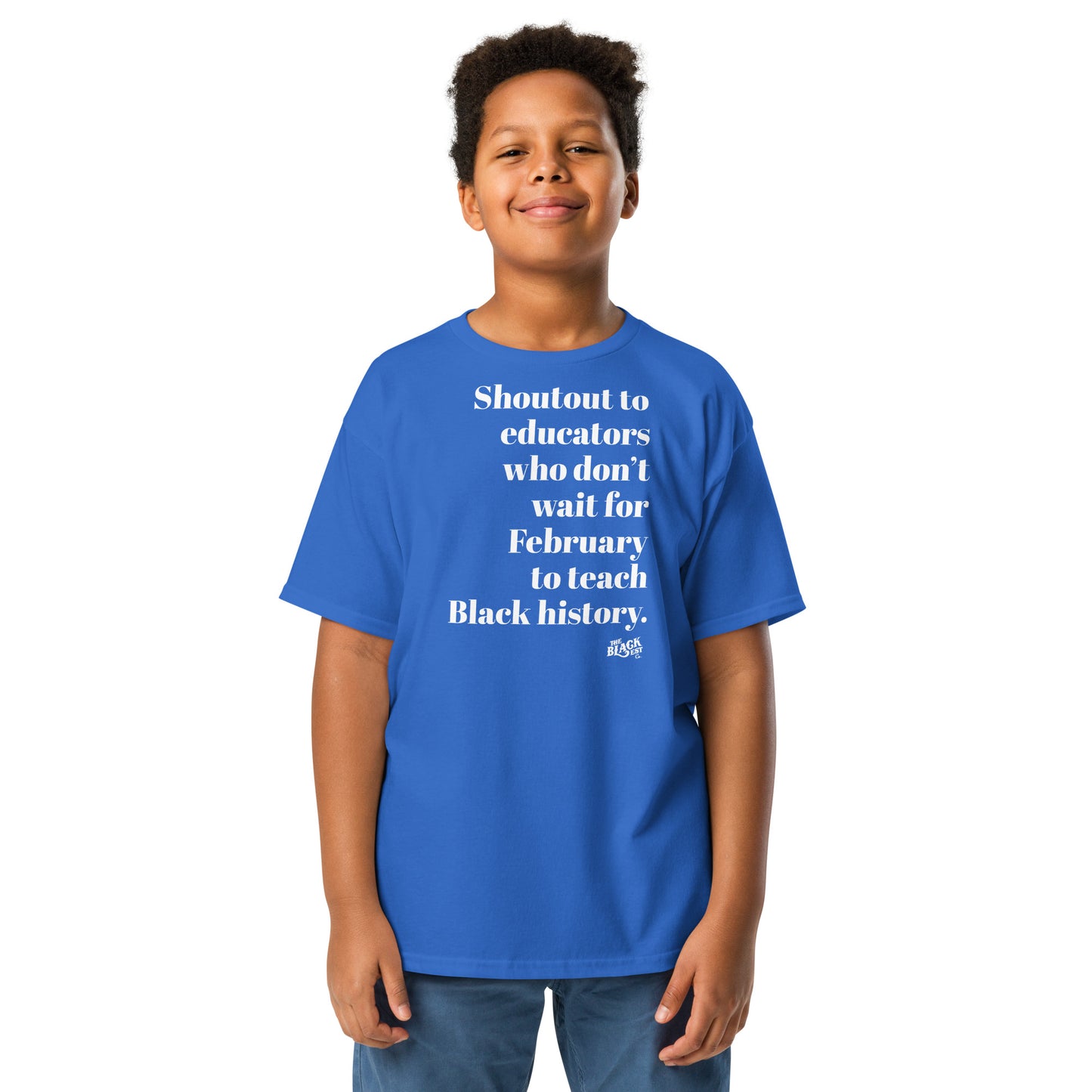 Child wearing blue Black history educator tee