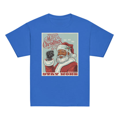 Blue youth T-shirt displaying a Santa Claus graphic with 'Stay Woke' text, comfortable holiday-themed clothing for children