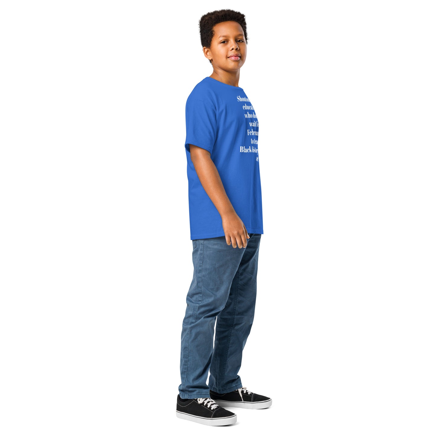 Side view of child in blue Black history t-shirt