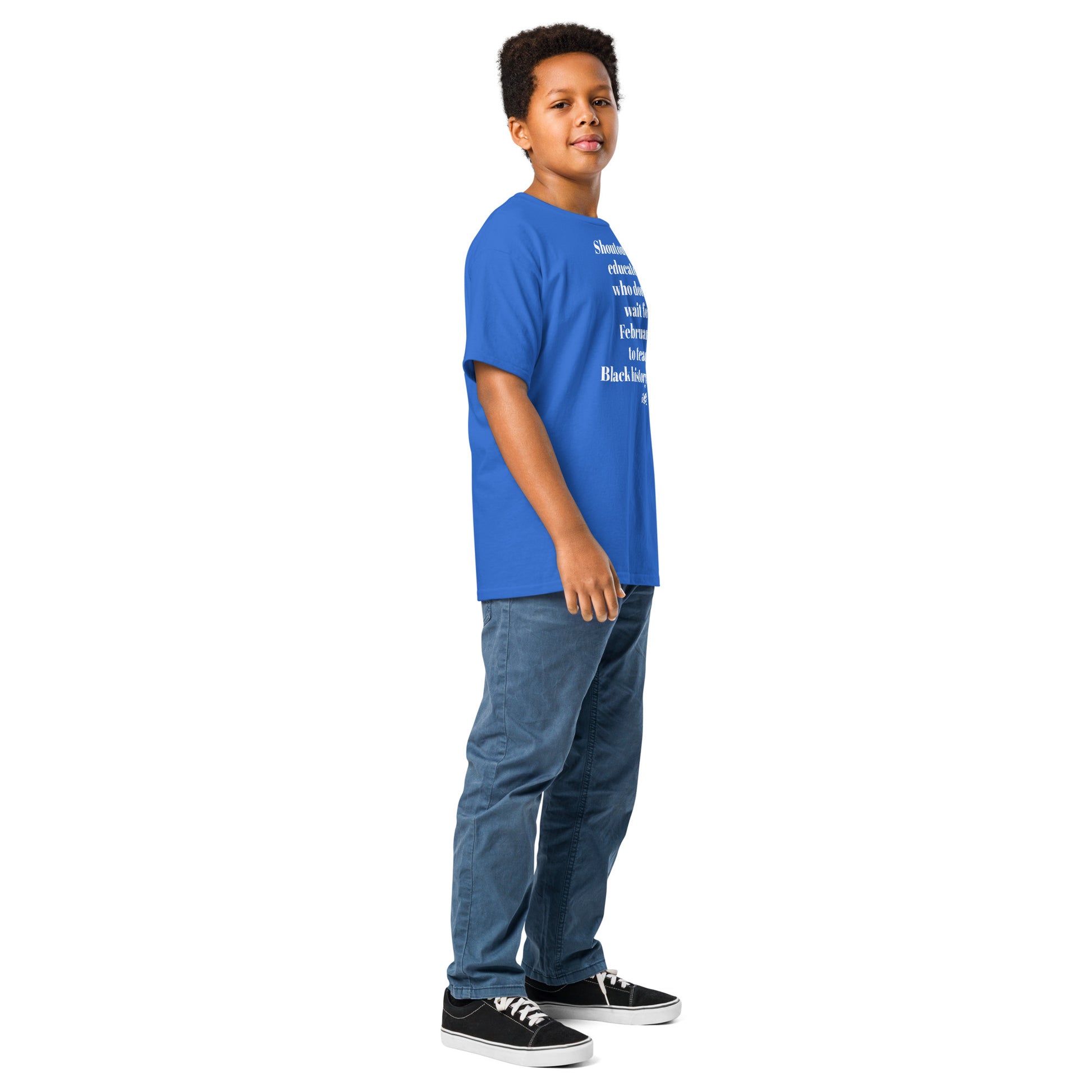 Side view of child in blue Black history t-shirt
