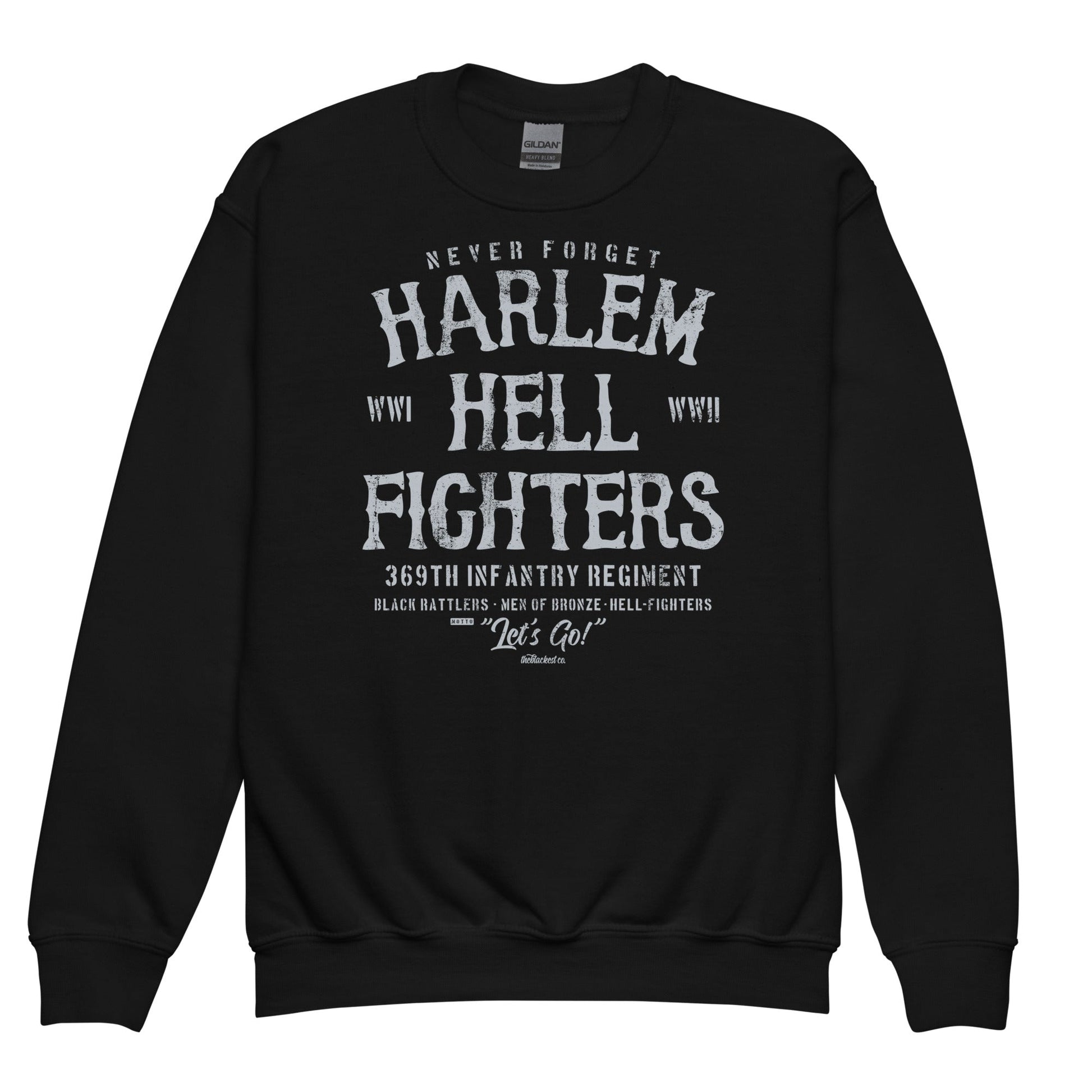 Black youth crewneck sweatshirt featuring 'Harlem Hellfighters' text design in white, honoring the 369th Infantry Regiment. Soft fleece material.