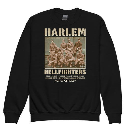 Black youth crewneck sweatshirt featuring Harlem Hellfighters design with vintage soldier photo and bold typography. Soft fleece, perfect for cold weather.