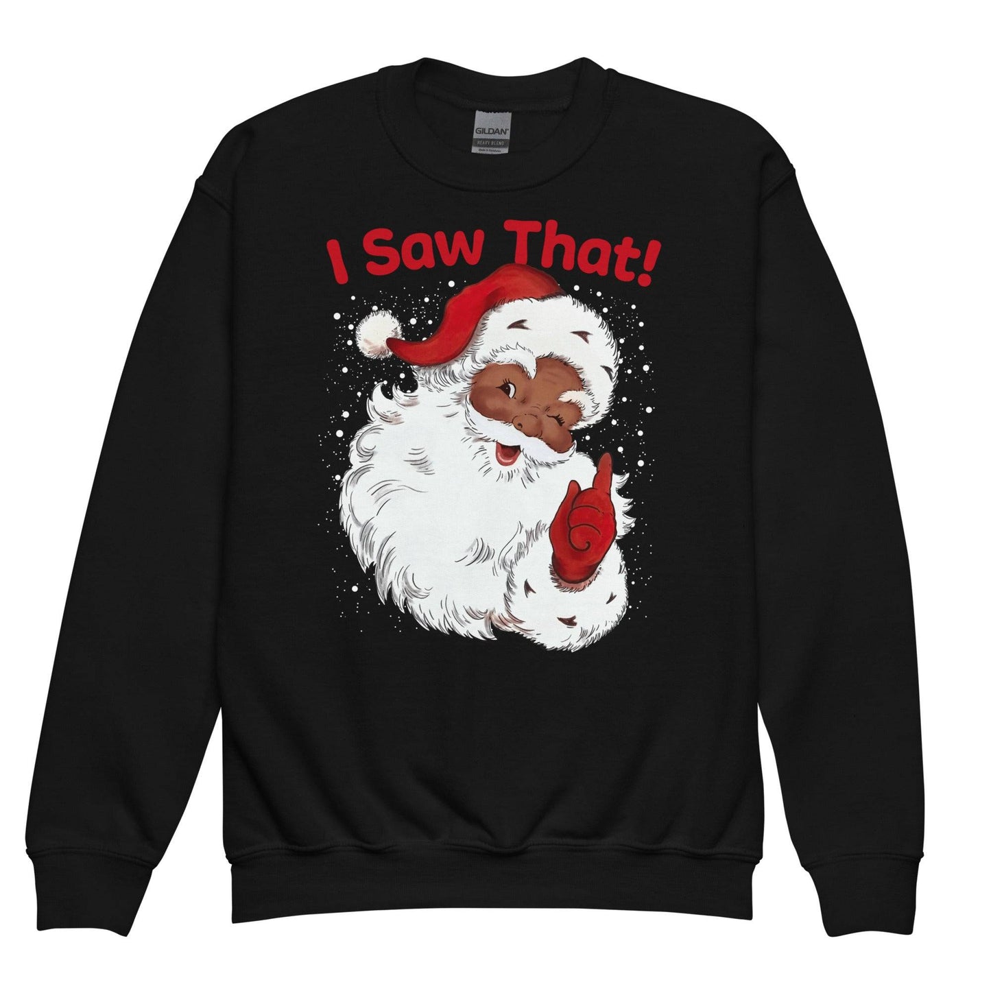 Black YOUTH Black Santa I Saw That Crewneck Sweatshirt by TheBlackest Co. with playful Santa design, great for kids Christmas gifts and cozy winter wear.