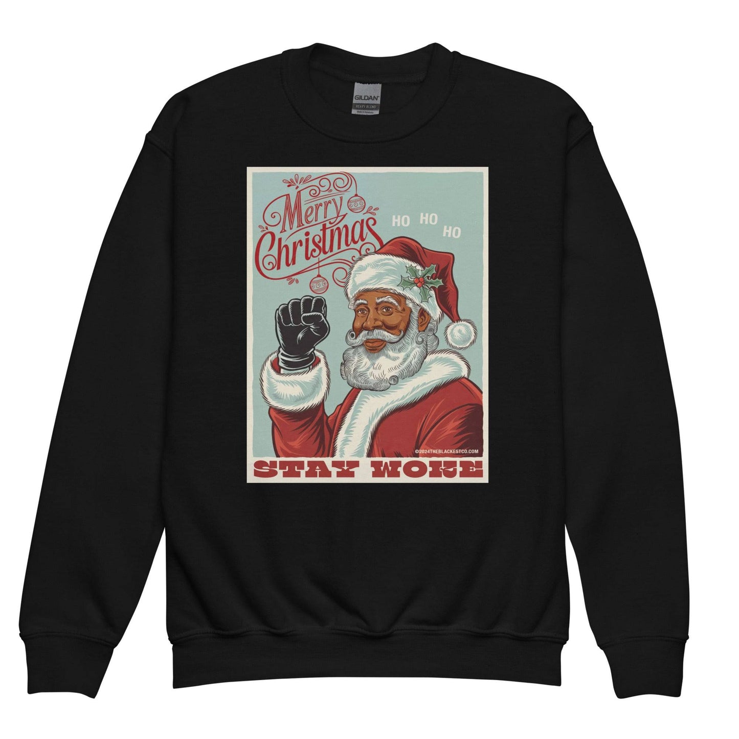 Black YOUTH Black Santa Stay Woke Crewneck Sweatshirt by TheBlackest Co. with bold holiday design and empowering message for kids' winter fashion.
