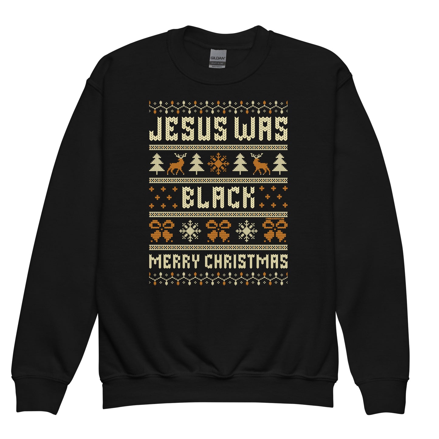 Youth Jesus Was Black Merry Christmas crewneck sweatshirt in black featuring holiday-themed design, ideal for winter and Christmas gifts for kids.