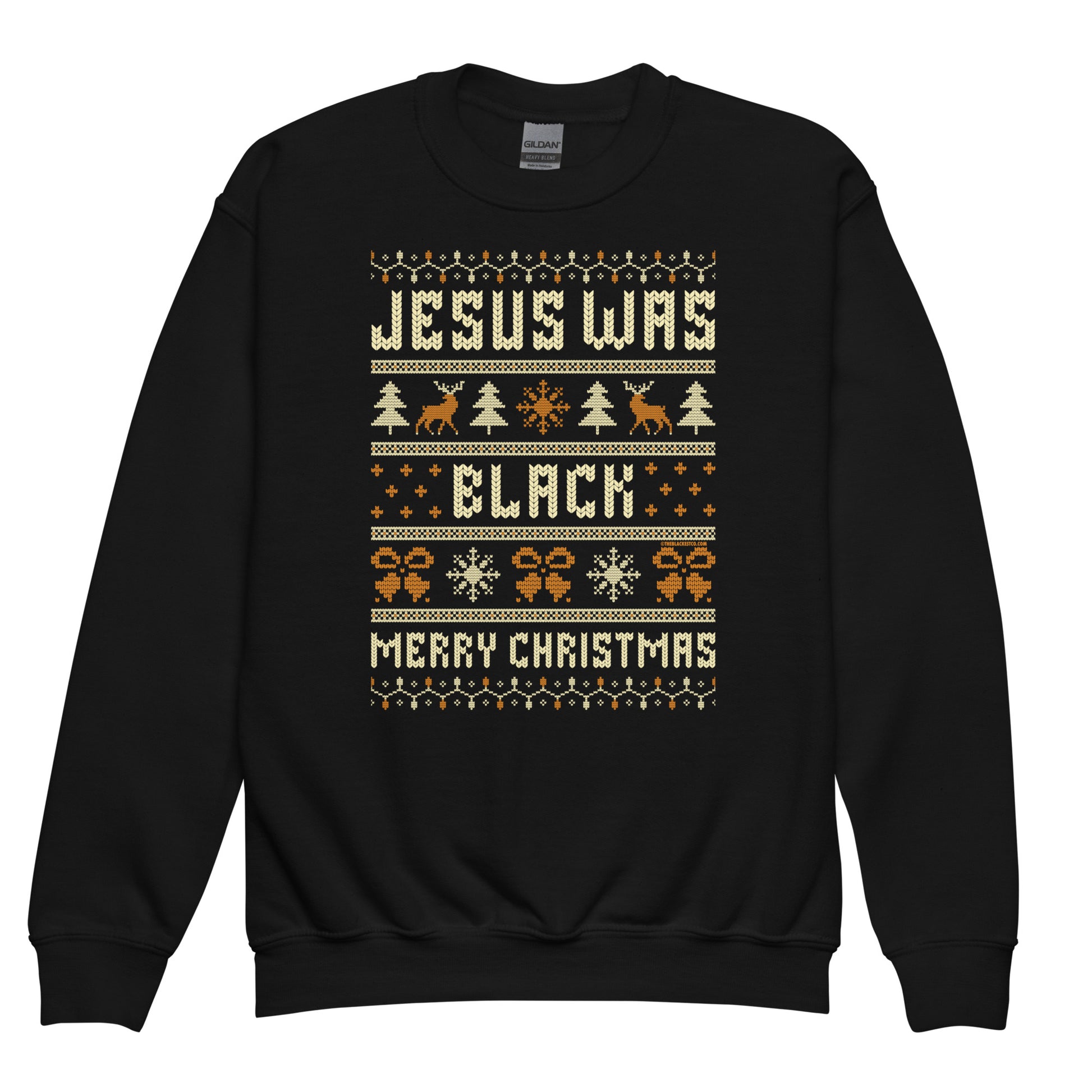 Youth Jesus Was Black Merry Christmas crewneck sweatshirt in black featuring holiday-themed design, ideal for winter and Christmas gifts for kids.