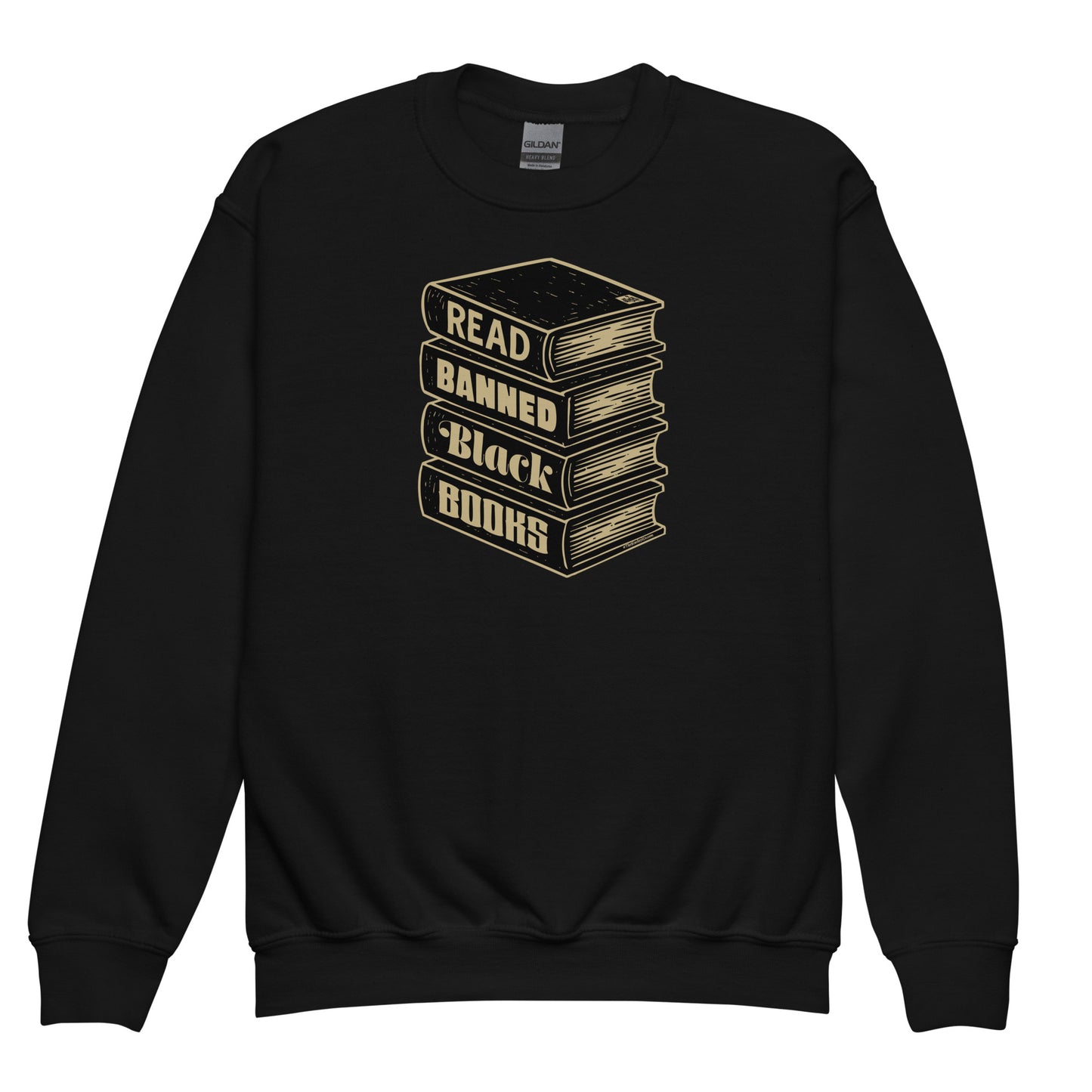 Black YOUTH Read Banned Black Books Crewneck Sweatshirt by TheBlackest Co. featuring stacked book graphic promoting Black literature.