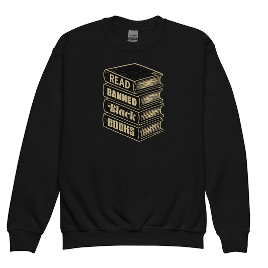 Black YOUTH Read Banned Black Books Crewneck Sweatshirt by TheBlackest Co. featuring stacked book graphic promoting Black literature.