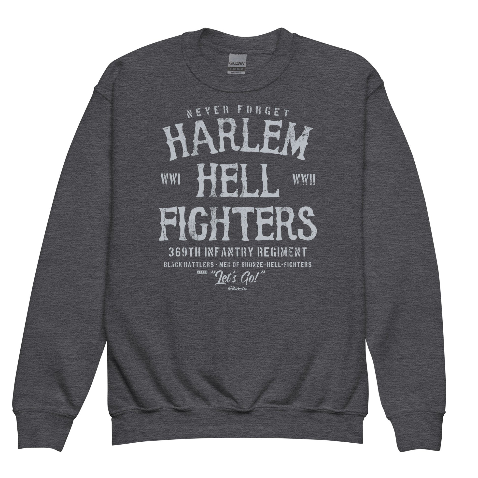 Charcoal gray youth crewneck sweatshirt showcasing 'Harlem Hellfighters' white text design, offering a versatile and meaningful wardrobe piece.