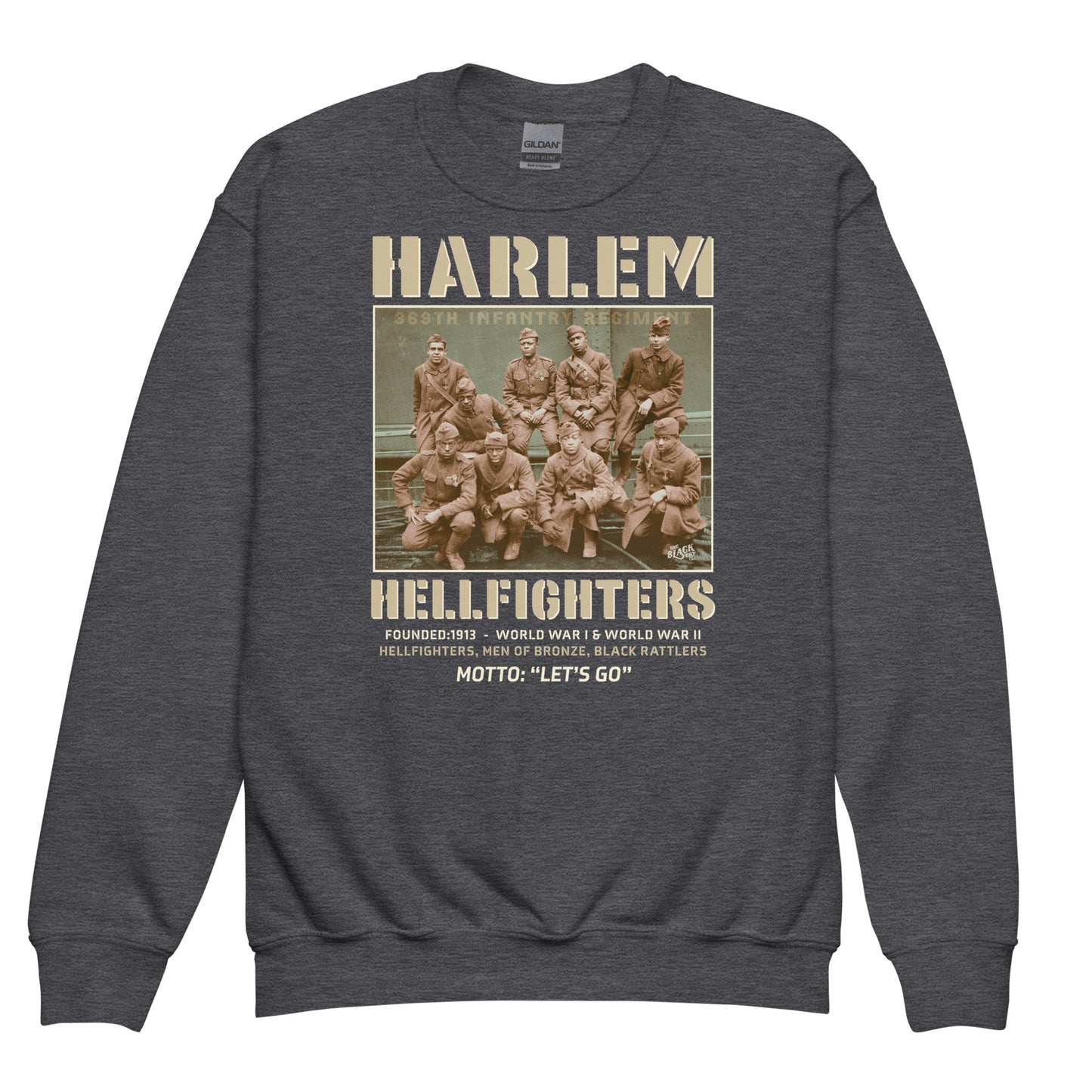 Dark gray Harlem Hellfighters youth sweatshirt with vintage soldier print. Cozy pullover, perfect for juniors and kids, celebrating Black history and culture.