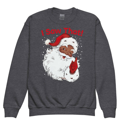 Dark heather YOUTH Black Santa I Saw That Crewneck Sweatshirt by TheBlackest Co., stylish and cozy youth winter wear with festive Santa design.