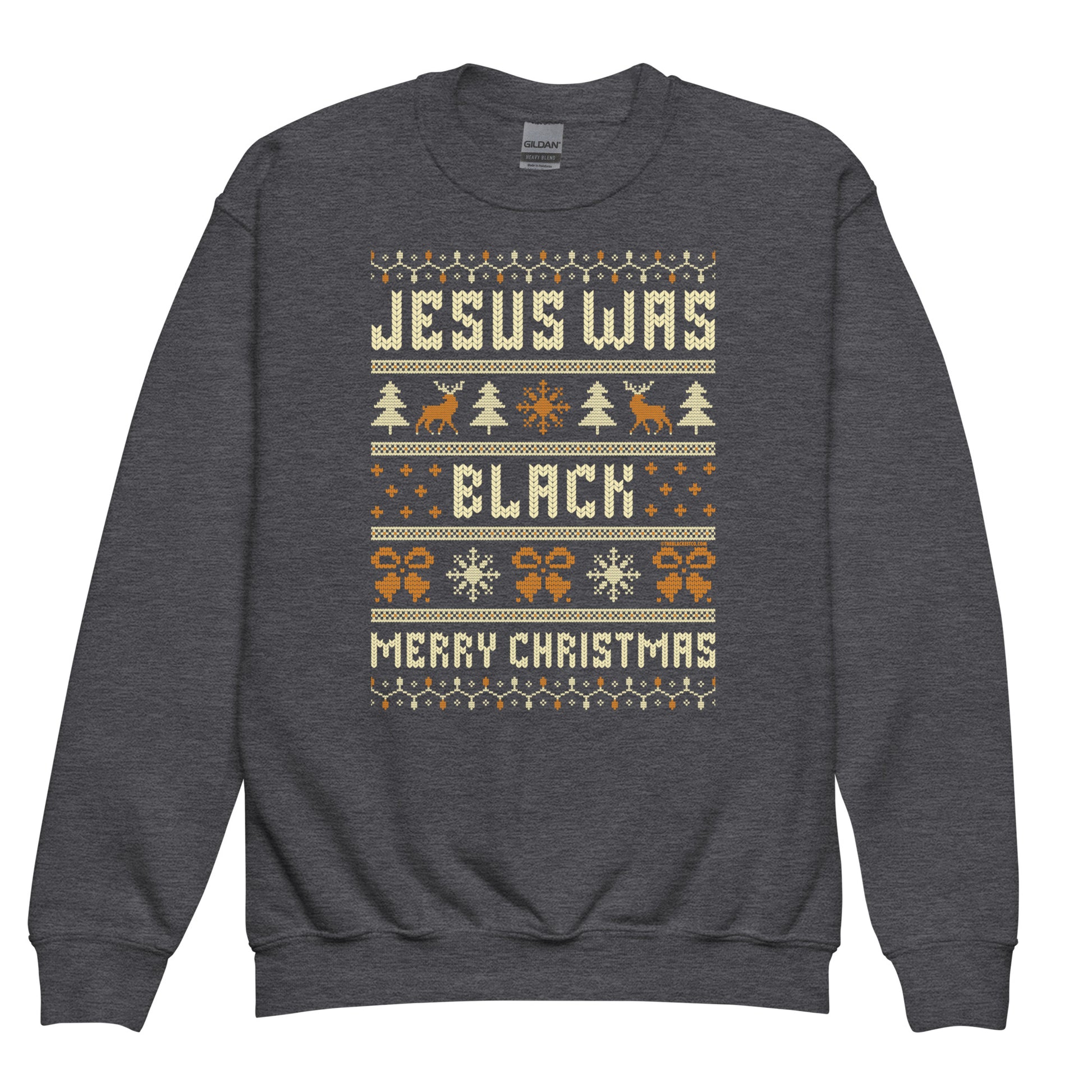 Charcoal gray Youth Jesus Was Black Merry Christmas crewneck sweatshirt with Christmas-themed print, cozy and stylish for youth winter wear.
