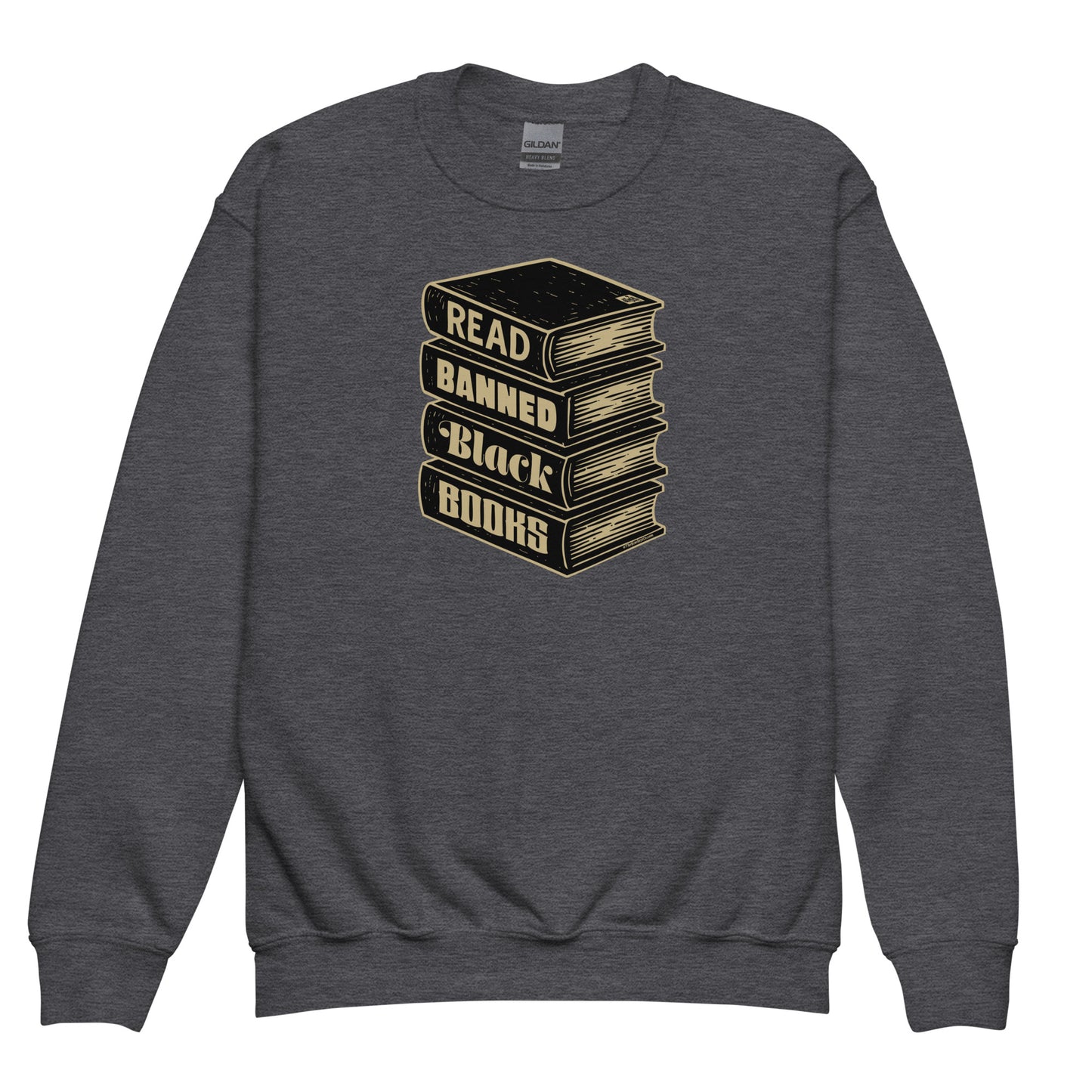 Dark gray YOUTH Read Banned Black Books Crewneck Sweatshirt by TheBlackest Co., cozy and bold apparel for literacy and history awareness.
