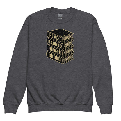 Dark gray YOUTH Read Banned Black Books Crewneck Sweatshirt by TheBlackest Co., cozy and bold apparel for literacy and history awareness.