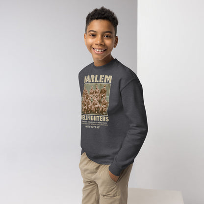 Smiling boy wearing Harlem Hellfighters youth crewneck sweatshirt in dark gray. Comfortable fit, ideal for juniors and kids, celebrating Black history.