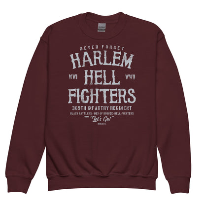 Maroon youth crewneck sweatshirt featuring 'Harlem Hellfighters' white text design, perfect for honoring Black history with style and comfort.