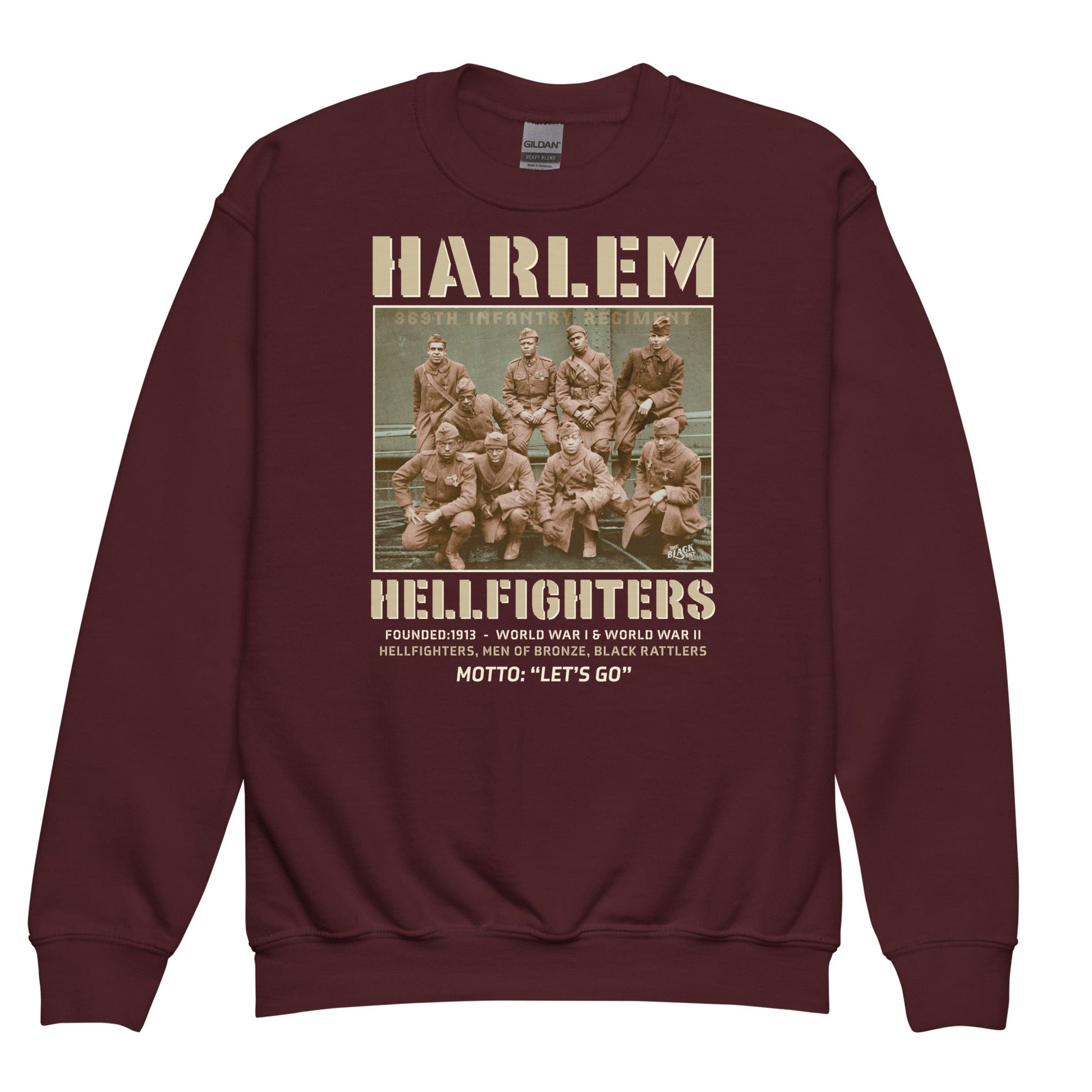 Maroon Harlem Hellfighters youth sweatshirt featuring historical soldier design. Soft and stylish pullover, perfect for juniors and kids during cold weather.