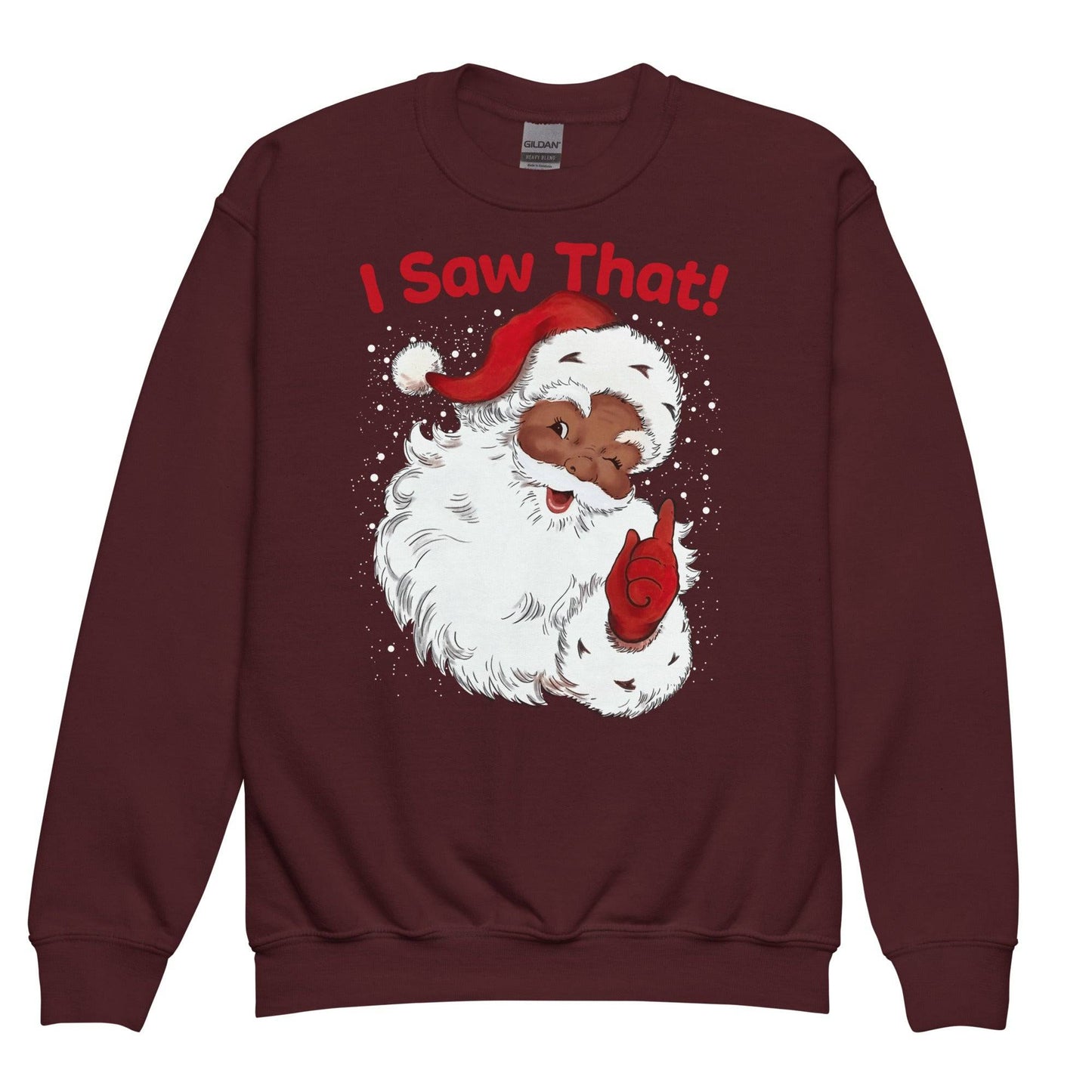 Maroon YOUTH Black Santa I Saw That Crewneck Sweatshirt by TheBlackest Co., warm and cheerful holiday kids apparel with a bold Santa print.