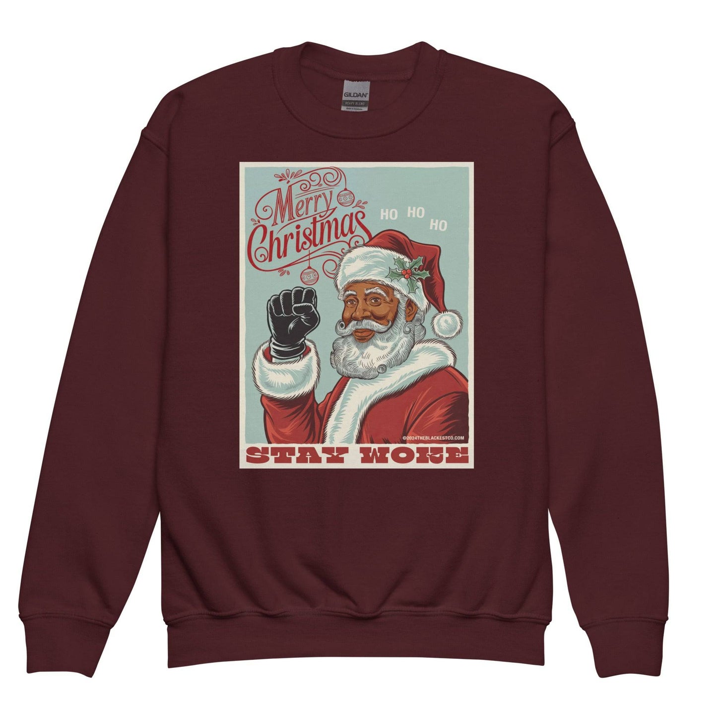 Maroon YOUTH Black Santa Stay Woke Crewneck Sweatshirt by TheBlackest Co., combining holiday cheer with cultural pride for youth winter apparel.